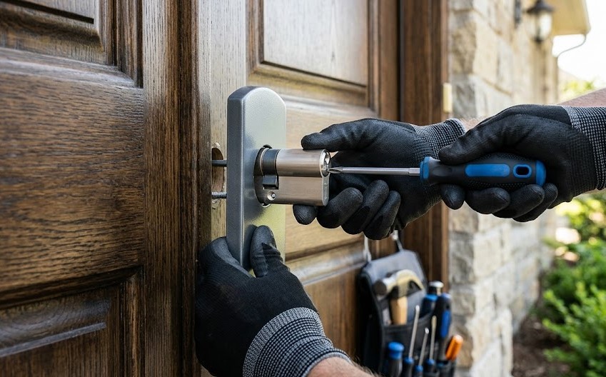 Especialista instalando cerradura de alta seguridad en puerta de chalet en Sant Fruitós de Bages